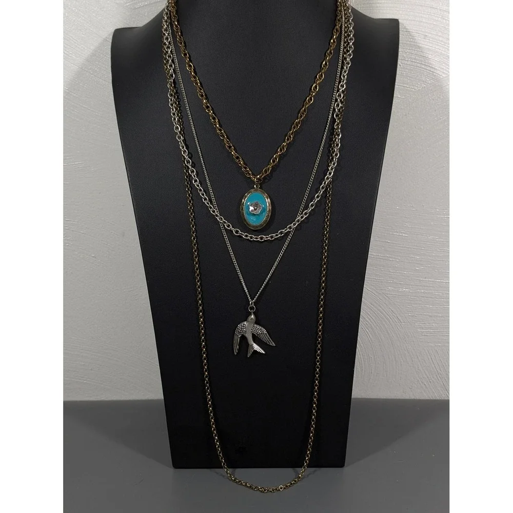 Two Tone‎ Layered Necklace Bird Charm Blue Enamel Locket Distressed 22in